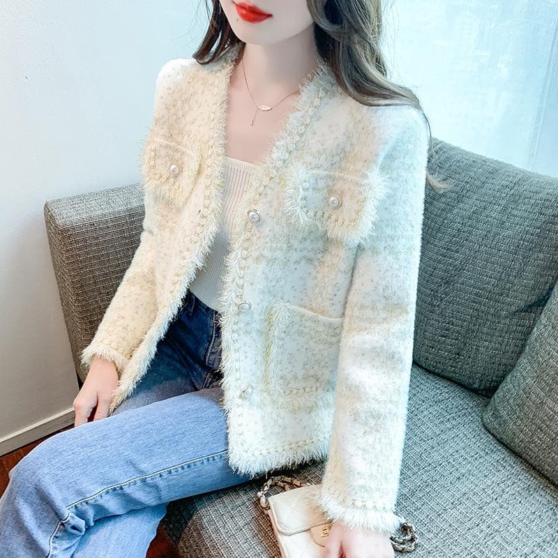 Jacket Women's Autumn New French Design Rough V-Neck Loose Long Sleeve Top 2XL apricot
