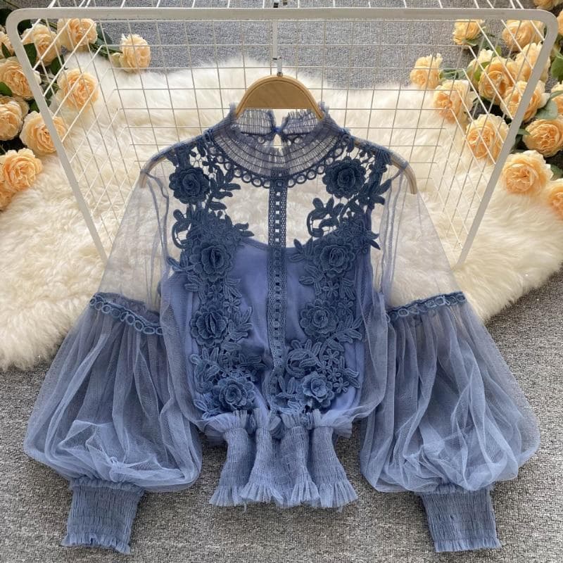 Elegant Floral Mesh Long Sleeve Short Blouse Sweet Women Lantern Sleeve Lace Shirts Ladies See Through Mesh Blouse Tops 25914 One Size blue