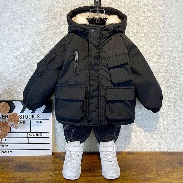 Winter Down Cotton Jacket Boys Black Hooded Coat Children Outerwear Clothing Teenage 3-8Y Kids Parka Padded Snowsuit 100cm black