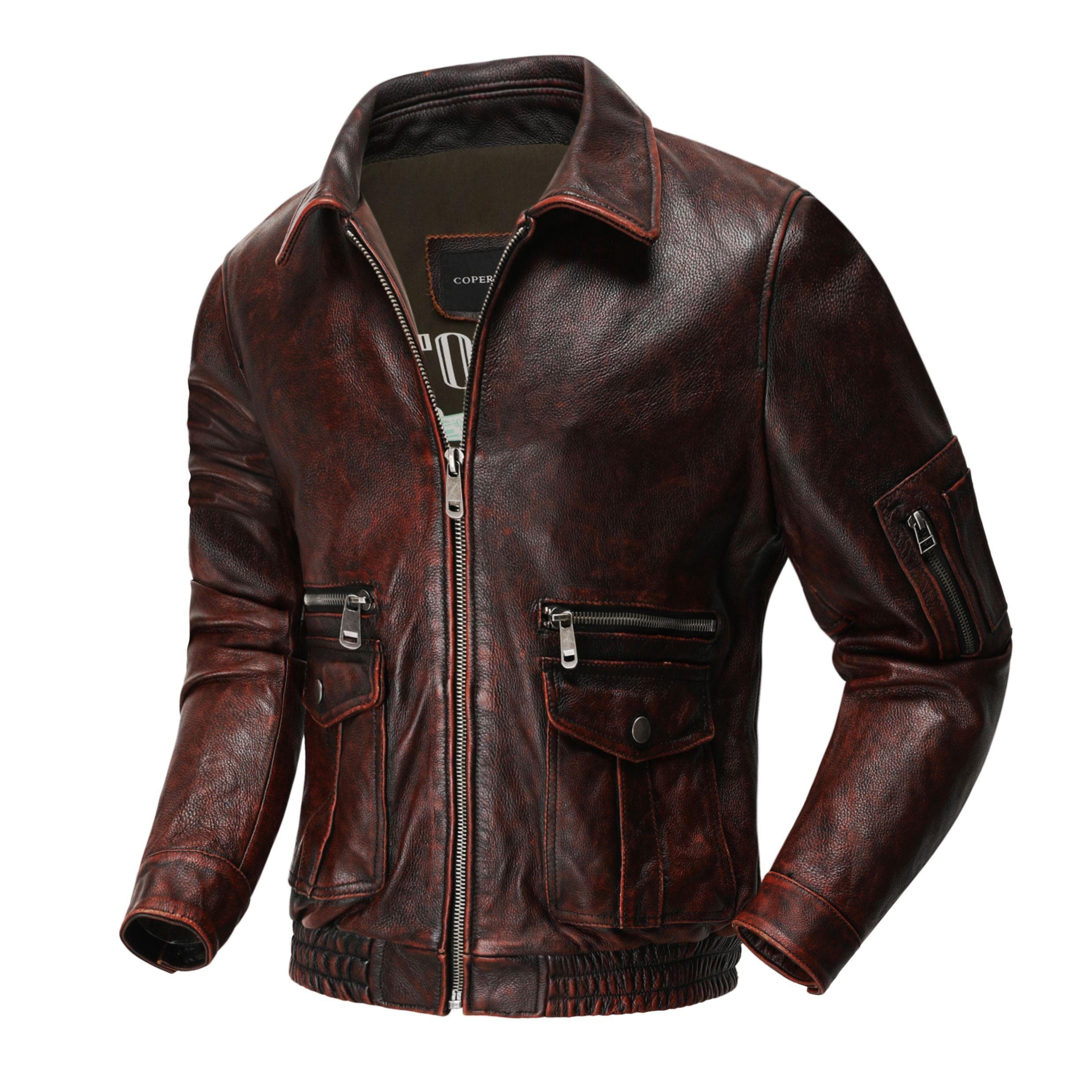 Air Force Flight Suit Genuine Leather Jacket Men 'S Top Layer Cowhide Retro Vintage Bomber Jacket Lapel Motorcycle Jacket L brown