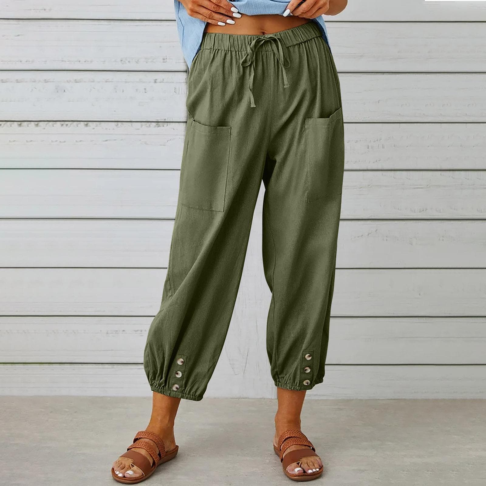 Summer Women's Pants Loose High Waist Button Cotton Linen Pants Nine-point Pants Wide Leg Pants M army green