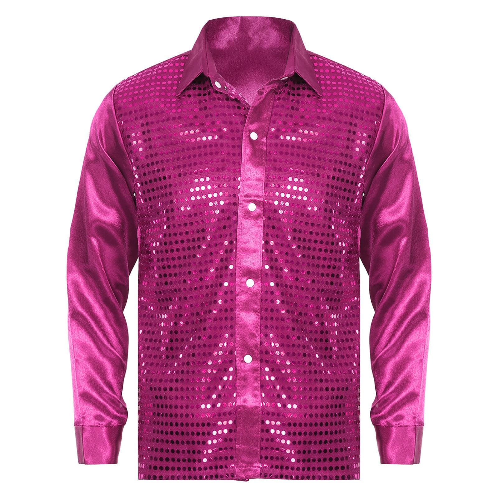 Mens Sequined Latin Dance Shirt Turn-Down Collar Long Sleeve Stage Costume Sparkly Jazz Performance Top L hot pink