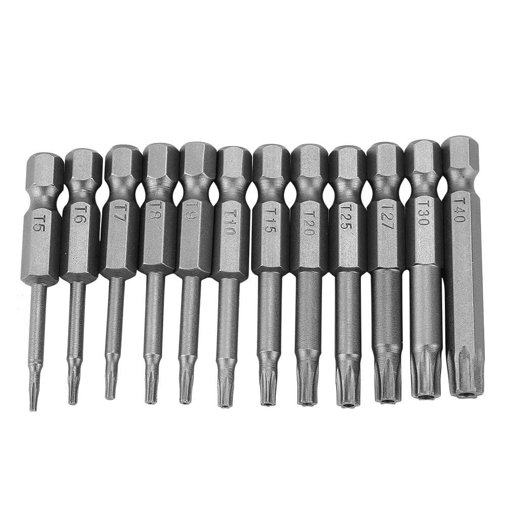 12Pcs Chrome Vanadium Steel 1/4in Hex Shank T5-T40 Magnetic Security Star Screwdriver Bits
