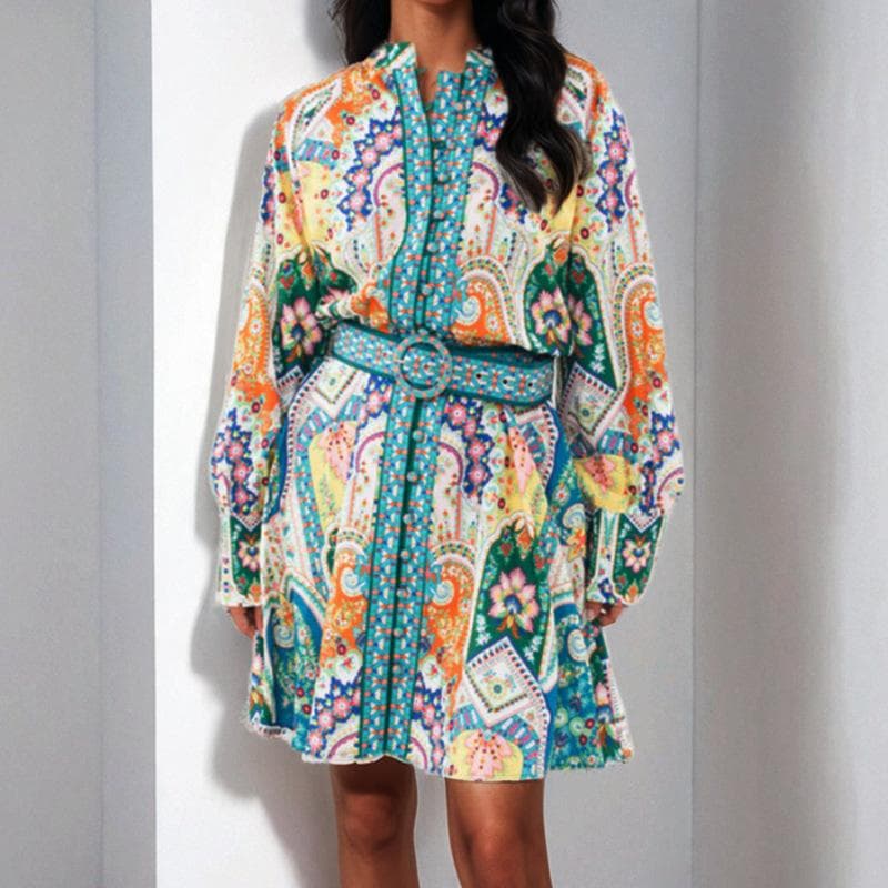 New French Retro Printed V-neck Long-sleeved Pleated Dress 3XL