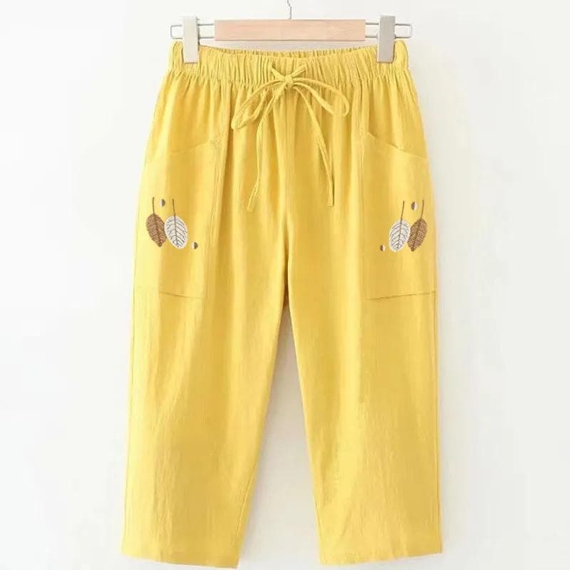 100% Cotton Thin Pants, Summer New, Large Size, Embroidered, Straight Pants, Women's, Elastic Waist, Versatile, Casual Capris 3XL yellow