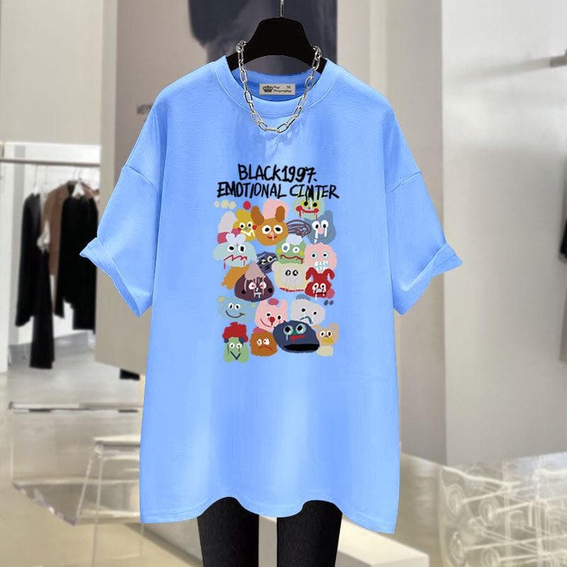 New Summer American Retro Doodle Cartoon Large Version Loose Cotton Black Short-sleeved T-shirt for Women Mid-length XXXL