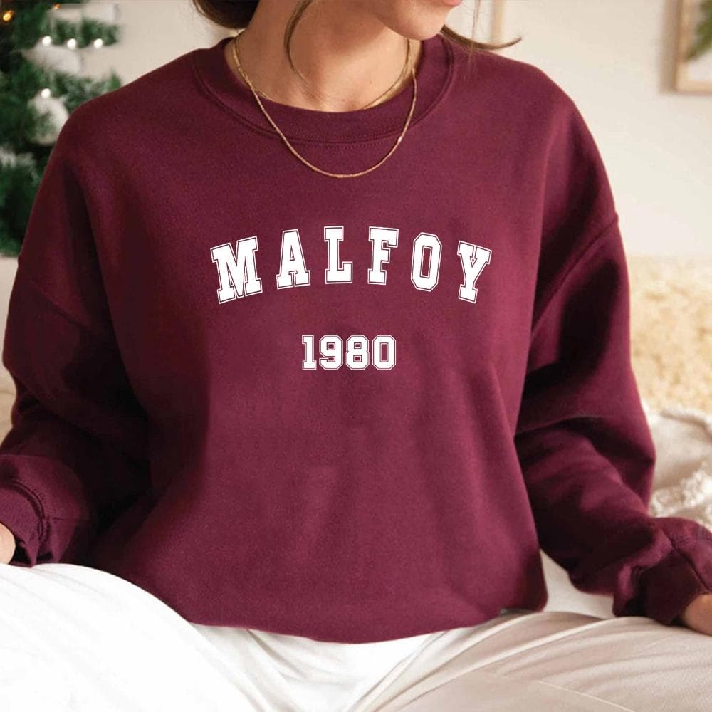 Malfoy 1980 Crewneck Sweatshirt Draco Malfoy Sweatshirt Graphic Hoodies Women Short Sleeve Sweatshirts Streetwear Pullover XXXL burgundy