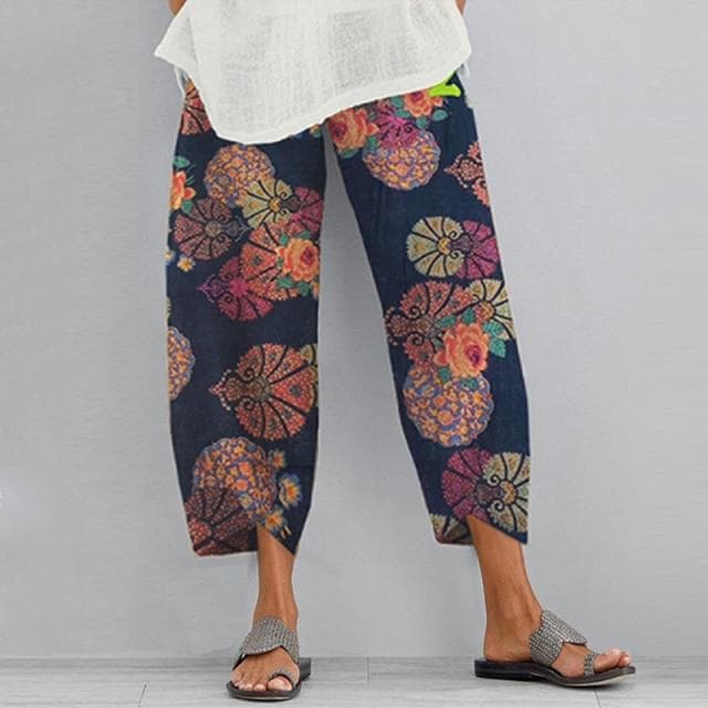 Women Vintage Harem Pants Floral Print Elastic Waist Plus Size Loose Trousers Cotton Linen Wide Leg Pant Loose Summer Pants M dark blue