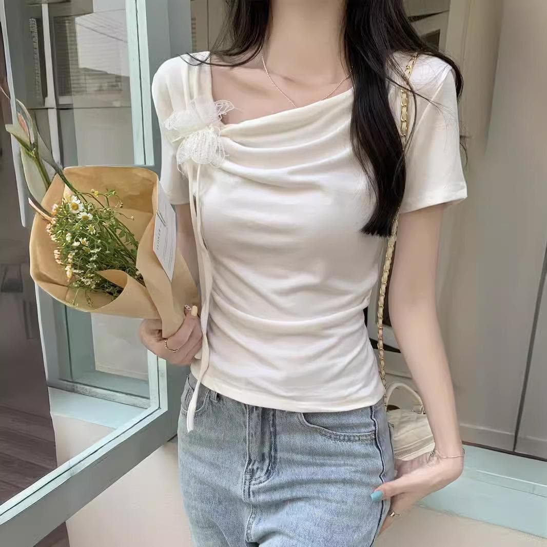 Butterfly Lace-up Slanted Neck Short-sleeved T-shirt for Women In Summer New Design Slim Waist Sweet and Spicy Short T-shirt Top 2XL
