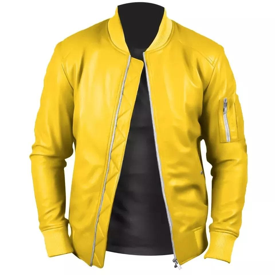 Real Leather Handmade Lambskin Soft Men Jacket Yellow Stylish Genuine Lambskin 2XL yellow