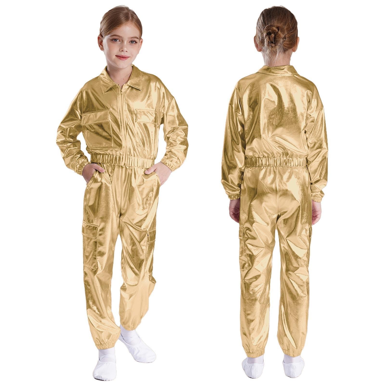 Kids Boys Girls Jazz Hip-Hop Street Dance Performance Costume Metallic Shiny Long Sleeve Athletic Jacket Coat with Pants Outfits 7-8 Years gold