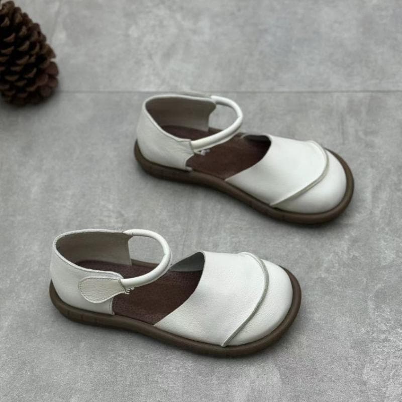 Johnature Retro Handmade Genuine Leather Flats Sandals Casual Versatile Comfortable Soft Sole Women's Shoes 41 beige