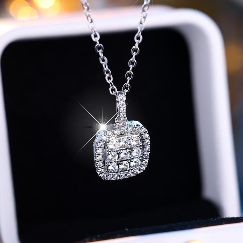 Fashion White Zircon Square Pendant Necklaces for Women Silver Color Chain Necklace Wedding Jewelry Gift silver