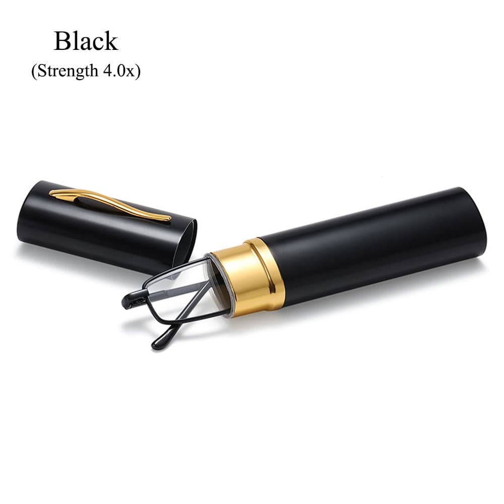 Lightweight Portable Slim Reading Glasses Eyeglasses with Pen Clip Tube Case Readers for Men Women Strength 4.0x black