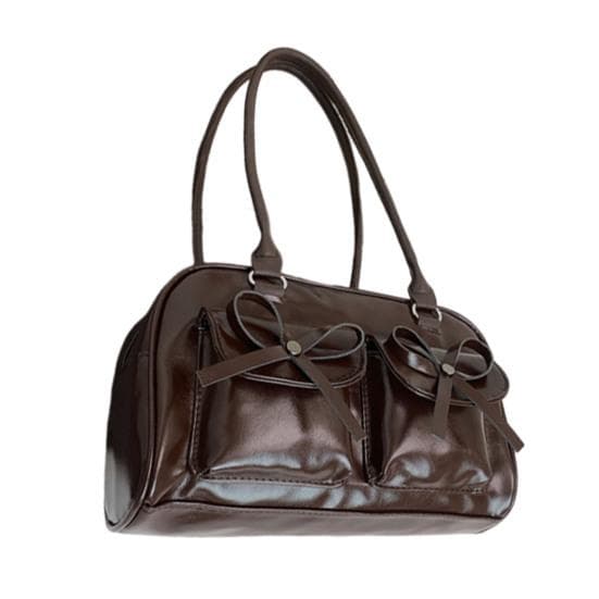 Faux Leather Tote Bag Women Shoulder Bag with Cute Bowknots Waterproof Casual Handbag for Commuting Street Daily Errands coffee