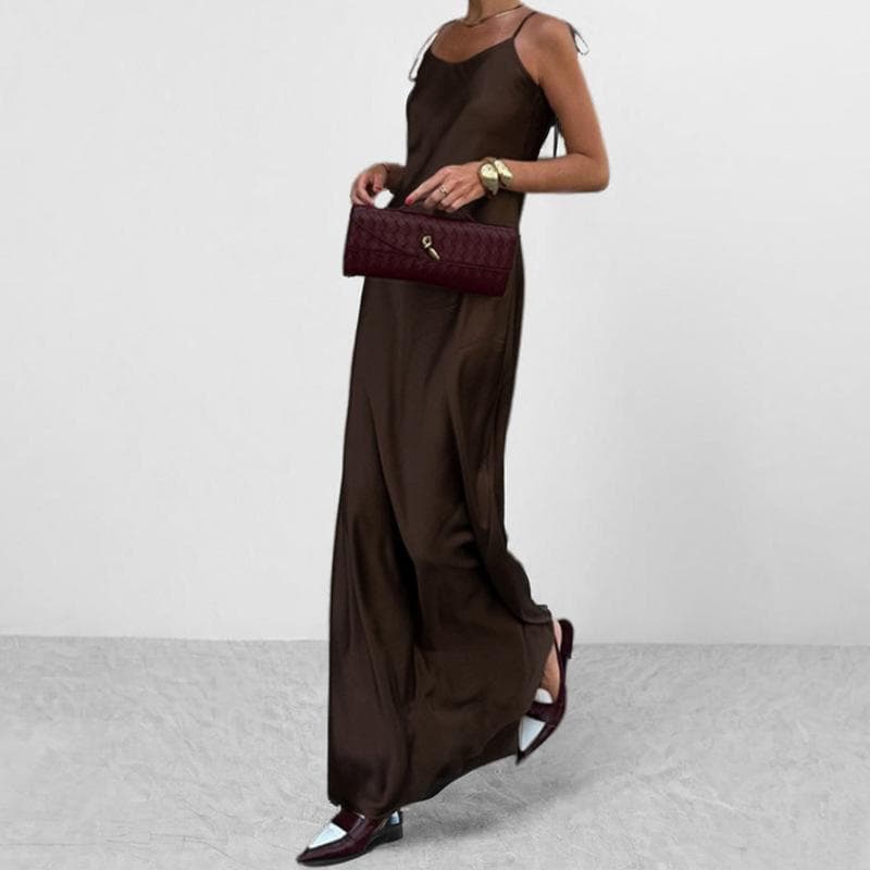 New Spring Dress Black Pearl Acetate Suspender Women's Summer Wide Shoulder Strap Waist-hugging Long Skirt 3XL brown