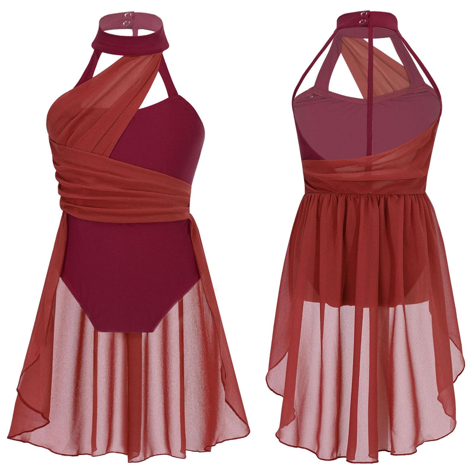 Kids Girls Sleeveless Ruched Chiffon Bodice Caged Back Leotard Dress for Lyrical Contemporary Dance 5-6 Years burgundy