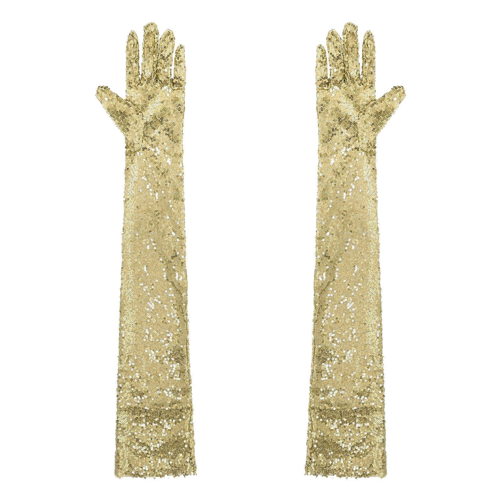 Womens Shiny Sequin Mesh Long Gloves Elbow Length Vintage Long Gloves for Opera Evening One Size gold