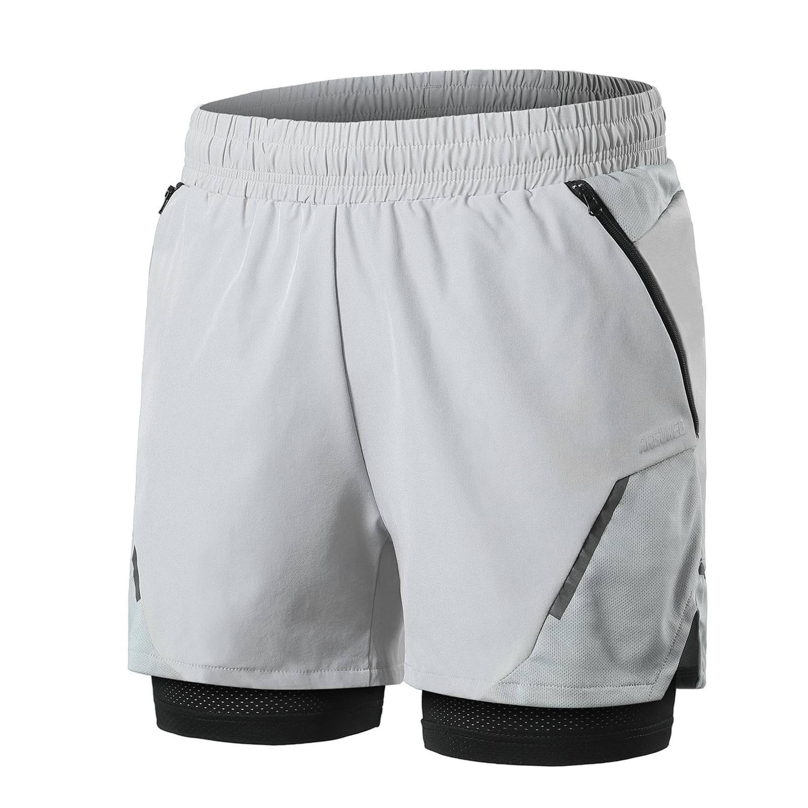 2-In-1 Men Running Shorts with Zipper Pockets Quick Dry Exercise Shorts for Training Gym Workout L light grey