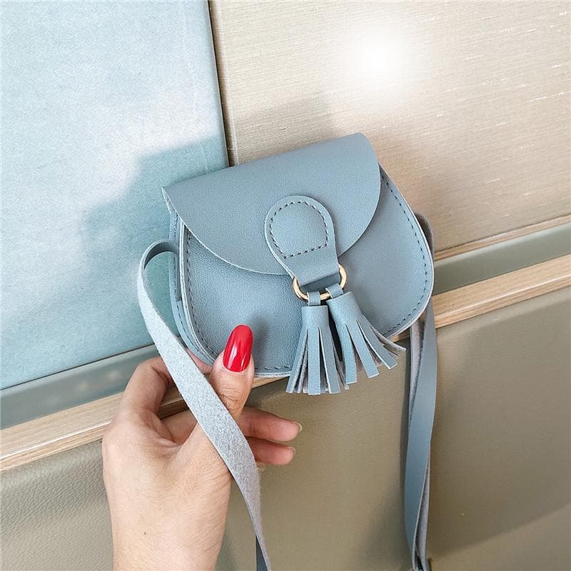 New Mini Children Bag Cute PU Tassels Decor Princess Messenger Bags for Baby Girls Fashion Shoulder Bag Girls Birthday Gifts blue