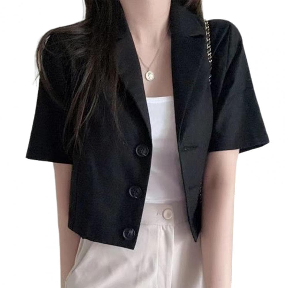 Women Summer Suit Coat Lapel Short Sleeve Single Breasted Buttons Placket Short Suit Jacket Solid Color Loose Fit Business Outwe XL black