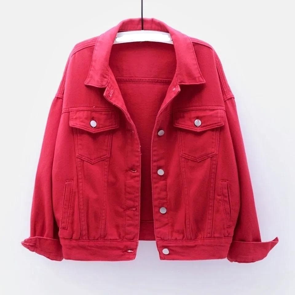 Spring Color Denim Jacket Women's Short Women's Denim Jackets Autumn Streetwear Coat Long Sleeved Jacket for Students XS red
