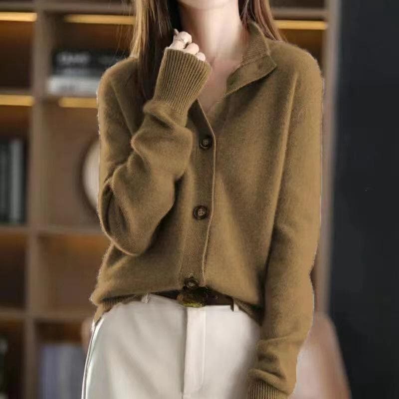 Women`s Knit Sweater Cardigan Autumn and Winter Vintage Fashion Stand Collar Button Cashmere Cardigan Jacket Casual Women`s Sweater M camel