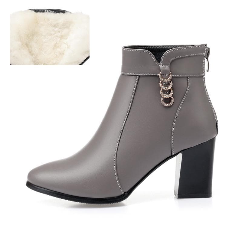 Women's Ankle Boots Genuine Leather Women's Fashion Boots Red Pointed Rhinestone Winter Boot 39 gray