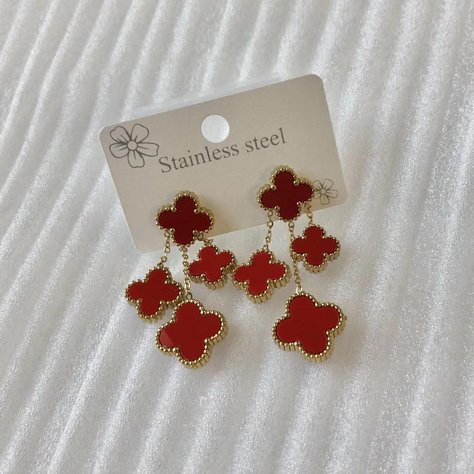 Light Luxury Fashion Titanium Steel Double-Sided Four-Leaf Clover Earrings Premium Sense Of Non-Colour Loss Stainless Steel Women's Earrings red