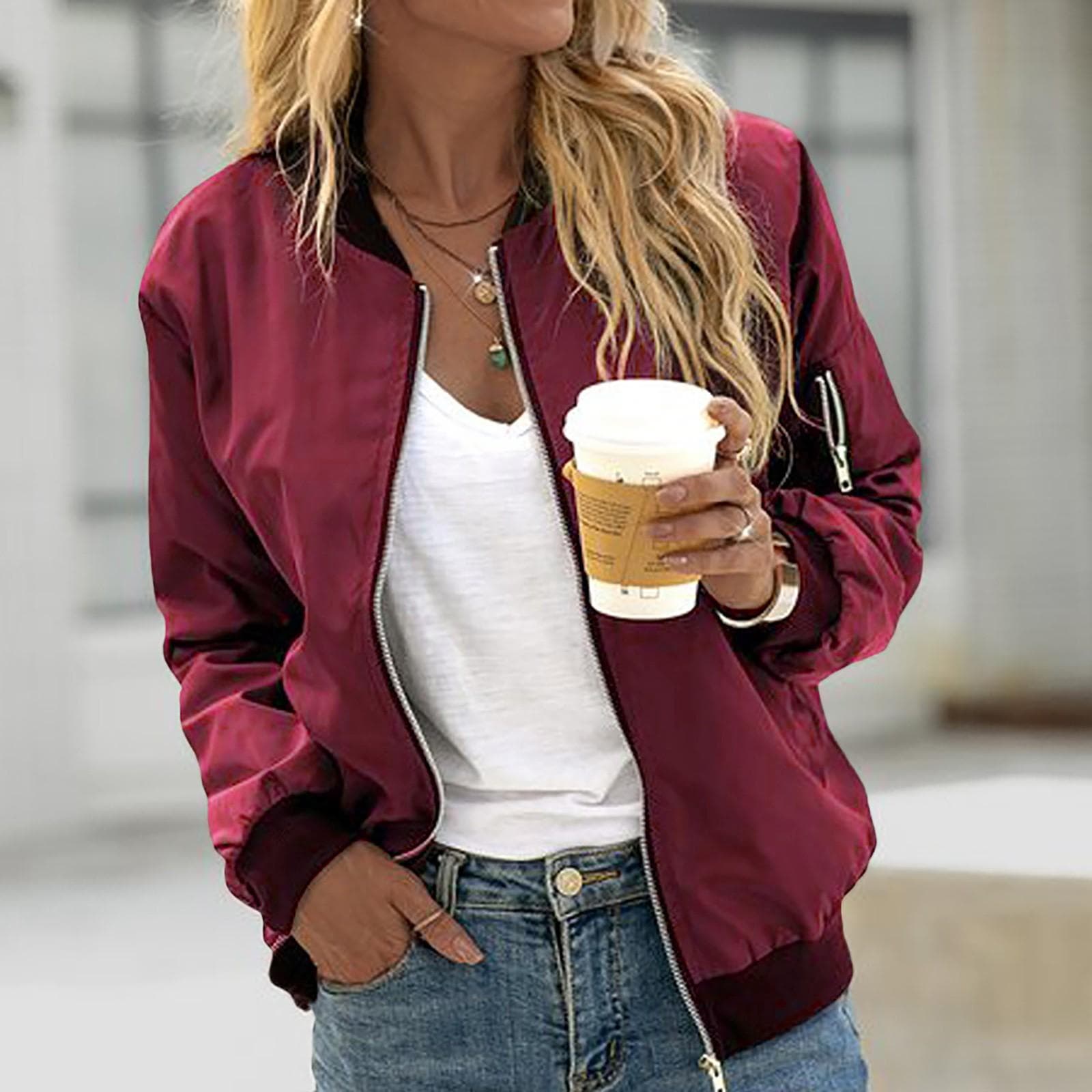 Spring Autumn Women Jackets Fashion Basic Bomber Jacket Streetwear Long Sleeve Coat Female Solid Color Casual Outerwear L wine red