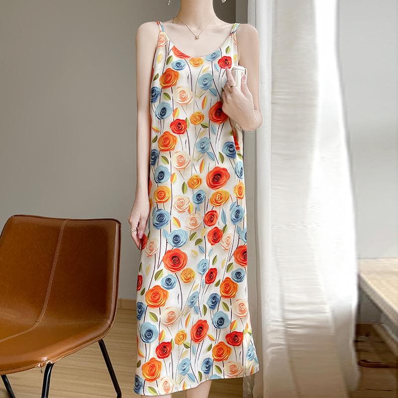 Three-dimensional Printed Suspender Dress for Women's Summer New Acetic Acid Imitation Silk Beach Skirt for Meat-covering Mid-length Skirt XXXXXL