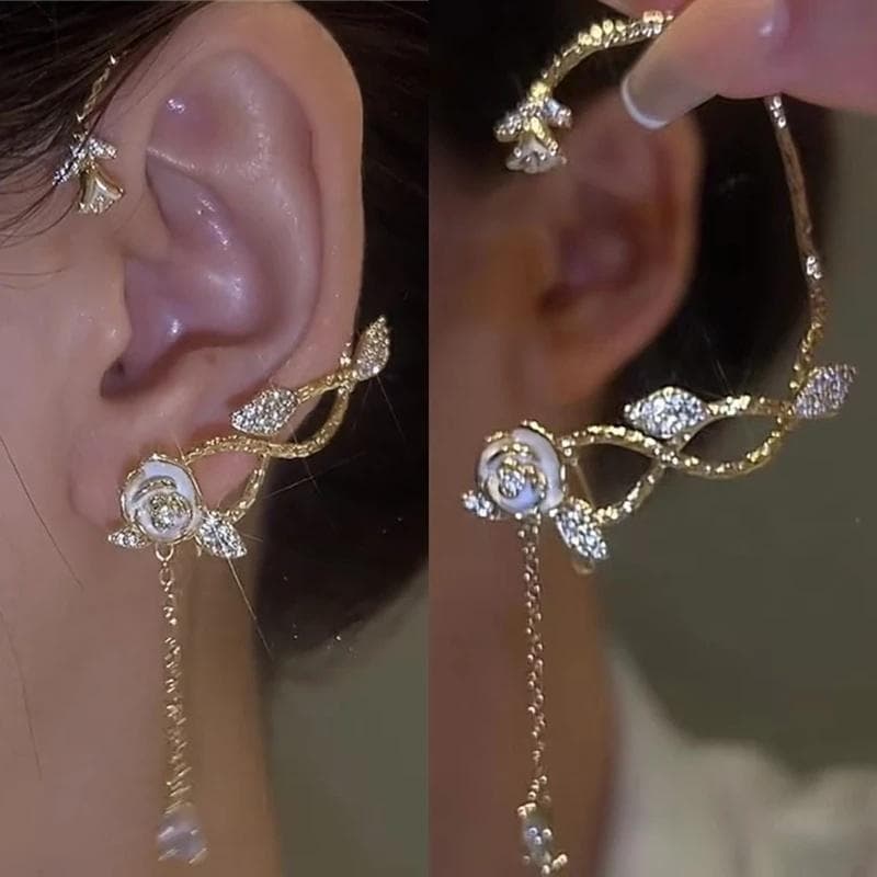 Sparkling Zircon Leaf Flowers Without Piercing Ear Clips for Women Fashion Ear Cuff Clip Earrings Wedding Jewelry Right ear gold