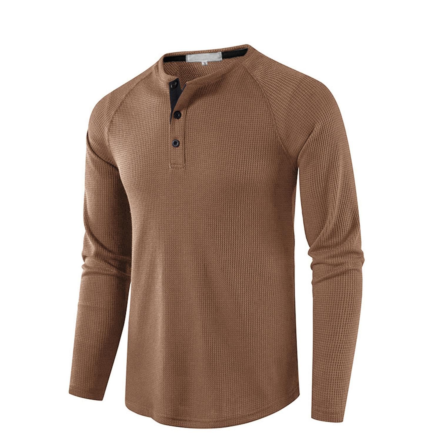 Men’s Waffle Henley Shirts Round Neck Long Sleeves T-Shirt Solid Color Casual Wear Autumn Winter Comfy Shirt XXL khaki