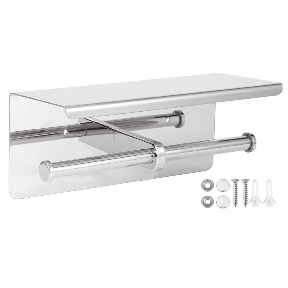 Double Toilet Paper Holder Stainless Steel Paper Rack Phone Storage Shelf Bathroom Use