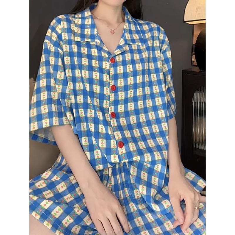 Women's Pajamas Summer Short Sleeve Sleepwear Set Cartoon Cute Grid Printed Pyjama Woman Ruffle Home Nightwear Set Cardigan XXL