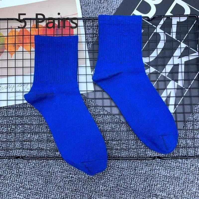 5 Pairs of Tide Solid Colour College Style Sports Mid-calf Cotton Socks Men and Women Couples Short Socks 5 pairs blue
