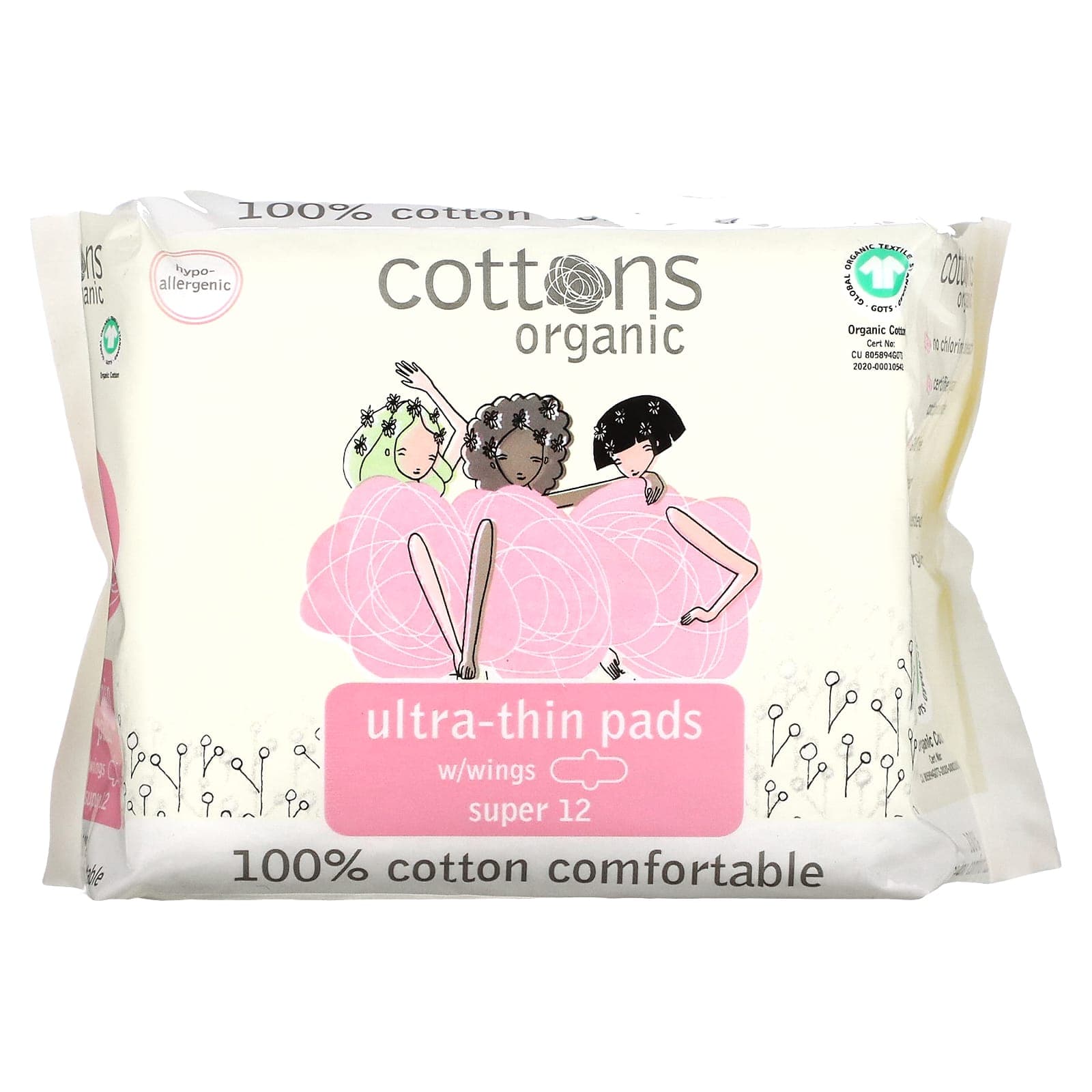 Cottons, 100% natural cotton cover sheet, ultra-thin pad wing type, super, 12 pads