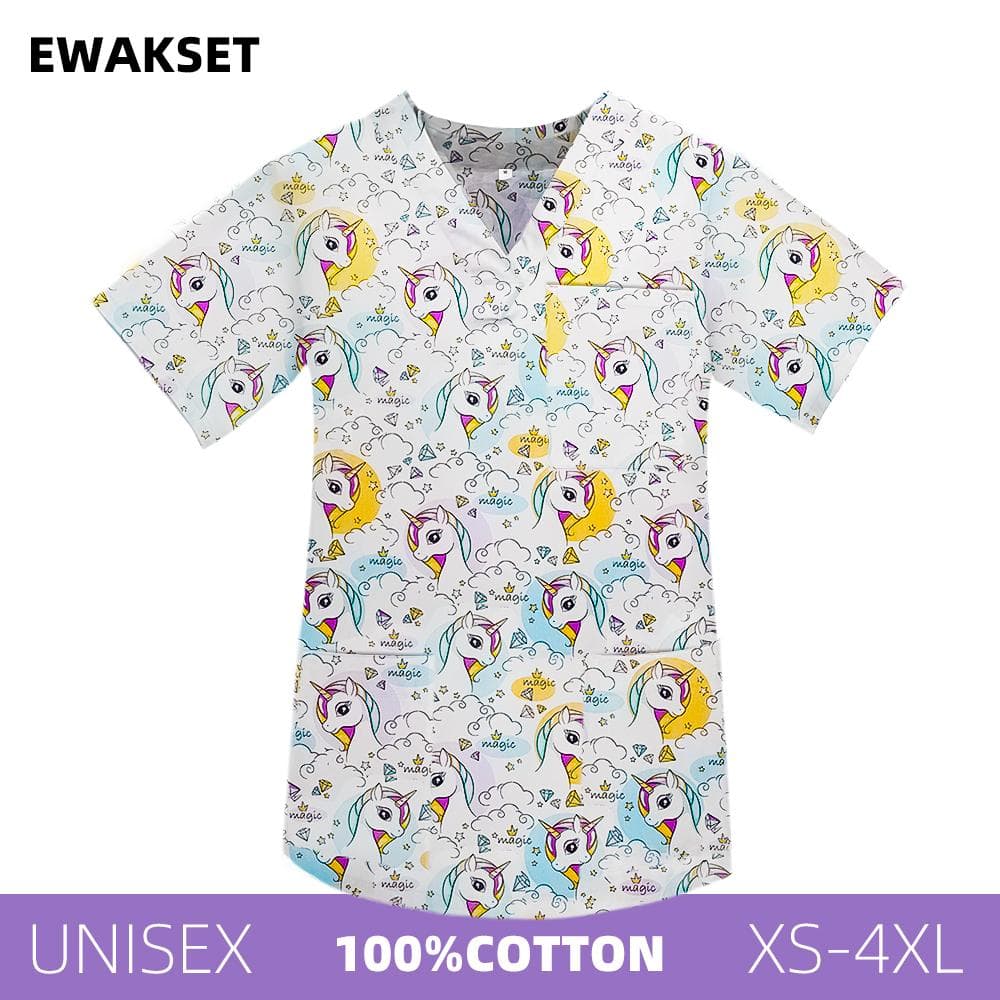 Medical Scrub Tops Women Men 100%Cotton Nurse Doctor Working Uniforms Cartoon Printed XXL