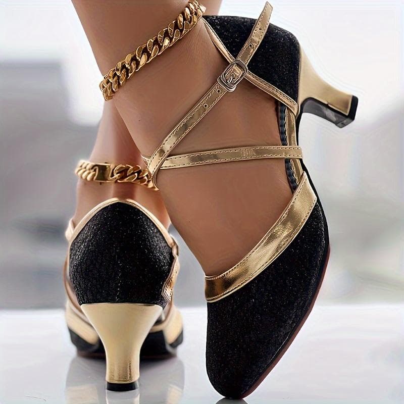 Women's Glitter D'Orsay Latin Dance Shoes, Crisscross Buckle Strap Chunky Mid Heels, All-Match Dress Dance Pumps 41 black