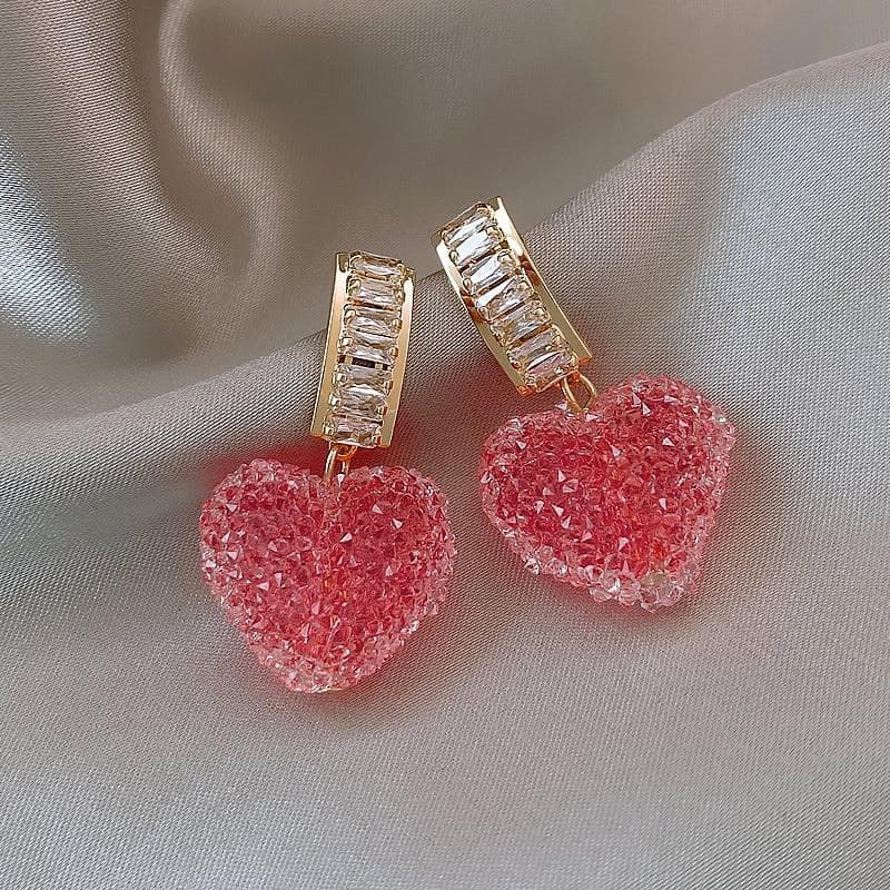 1 Pair Fashionable Cute Pink Heart Shaped Pendant Women's Earrings Fashionable Cute Sweet Crystal Jewelry Girl Gift red