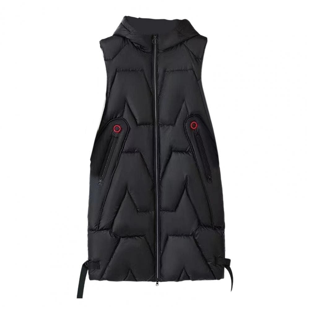 Women Winter Waistcoat Hooded Thick Sleeveless Glossy Surface Padded with Pockets Zipper Closure Mid Length Outdoor Coat XXL black