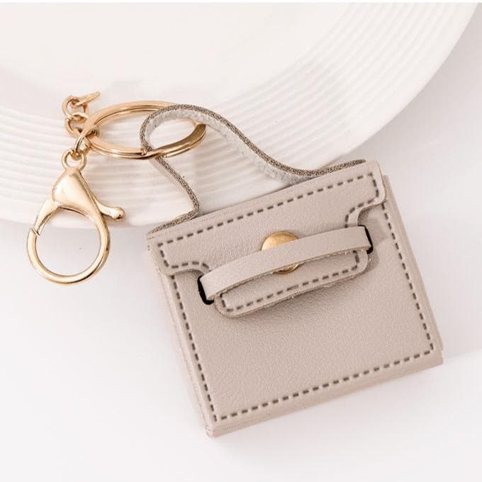 Fashion Square Handbag Keychain PU Leather Coin Purse Keyring Cute Airpods Phone Case Pendant Bag Charms for Women Girls Jewelry grey