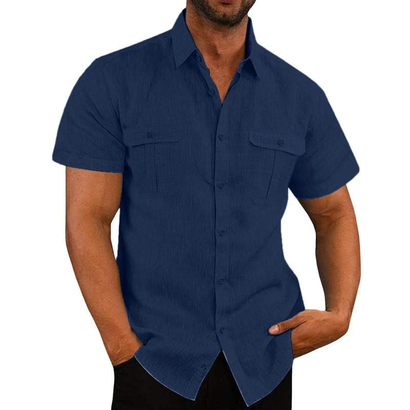 Summer Cotton Linen Casual Shirts Men Short Sleeve Solid Color Turn Down Collar Shirt Mens Breathable Beach Style Blouse 5XL L navy blue