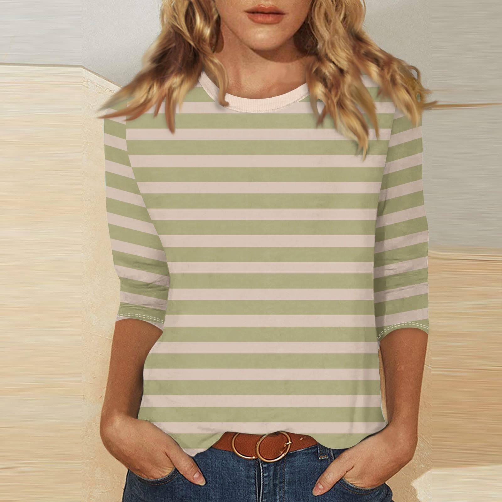 Women's Casual 3/4 Sleeve T-Shirts C Rew Neck Tops XL khaki