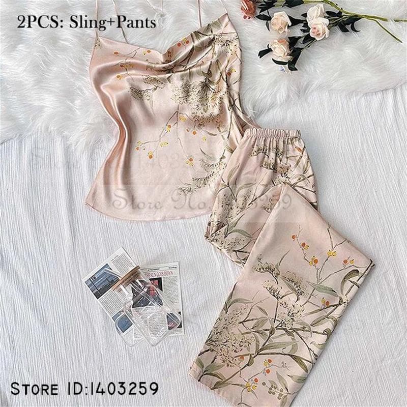 New Female 4PCS Pajamas Set Spring Summer Satin Sleepwear Intimate Lingerie Print Cherry Flower Nightgown Loose Home Clothes M