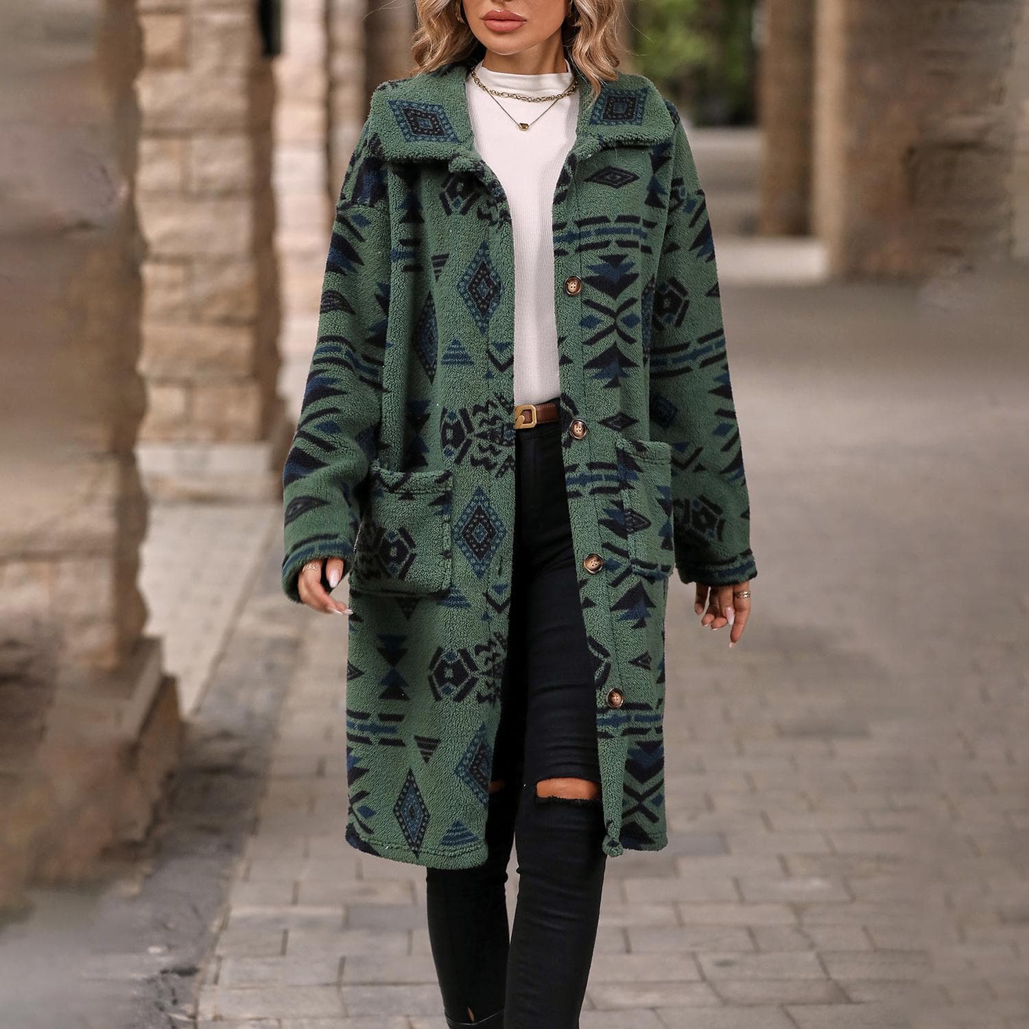 Fall and Winter Women's Single-breasted Ethnic Style Printed Plush Long Coat Jacket 2XL green