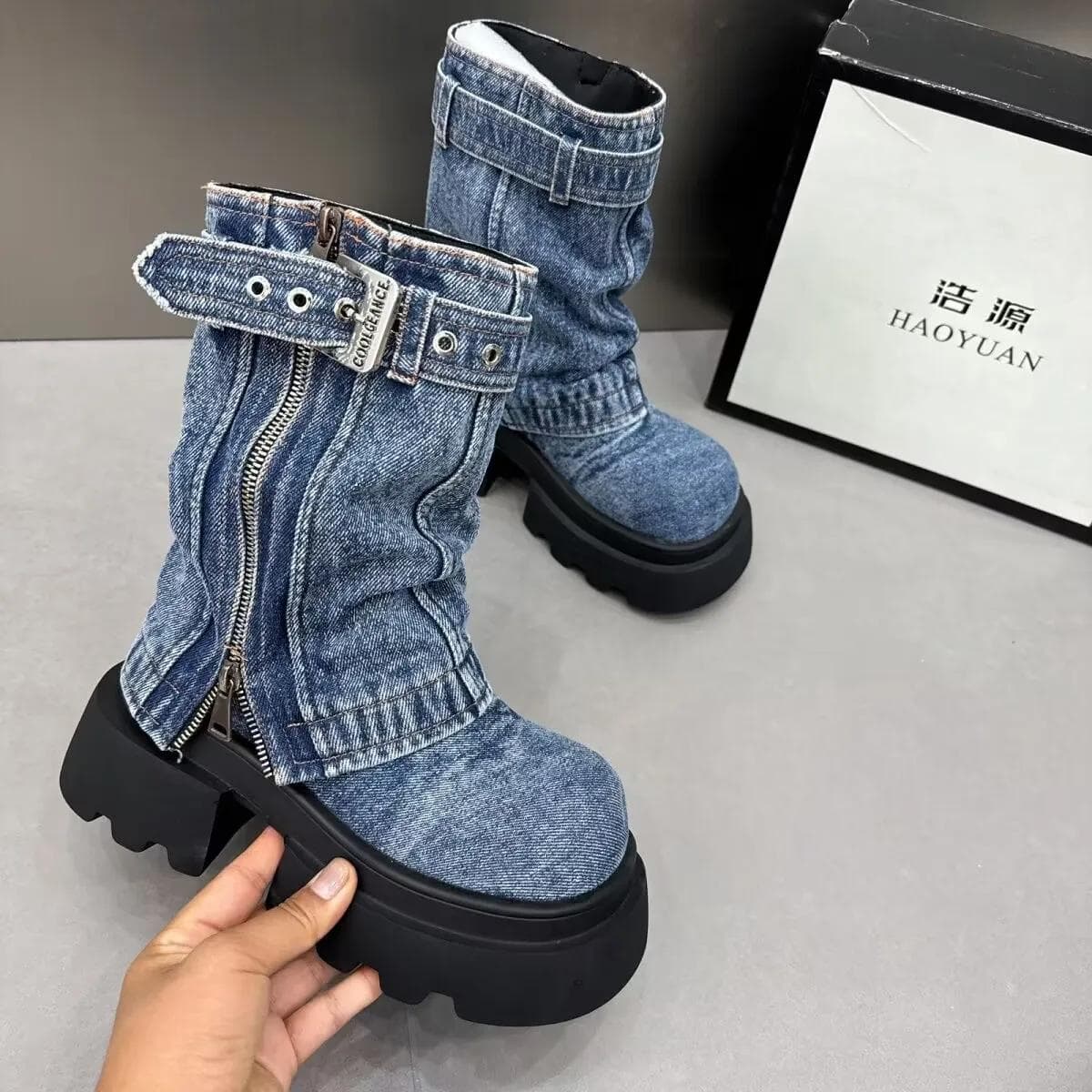 Fashion Denim Women Boots for Cowboy Mid-calf Boots Zipper Ladies Platform Boots Mid Heels Designer Shoes 2024 Motorcycle Boot Zapatos 40 blue