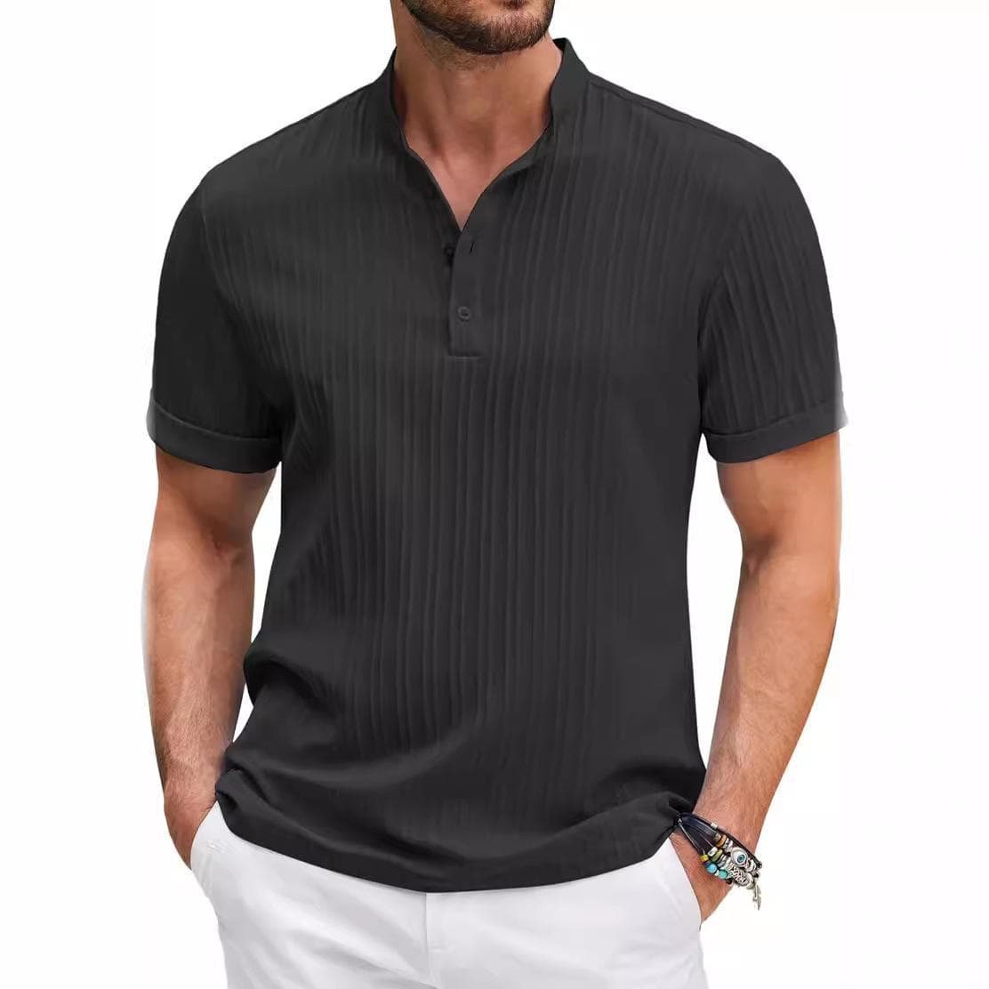 New Men's Retro Cotton Linen Striped Henley Shirt - Casual Loose Fit XXL black