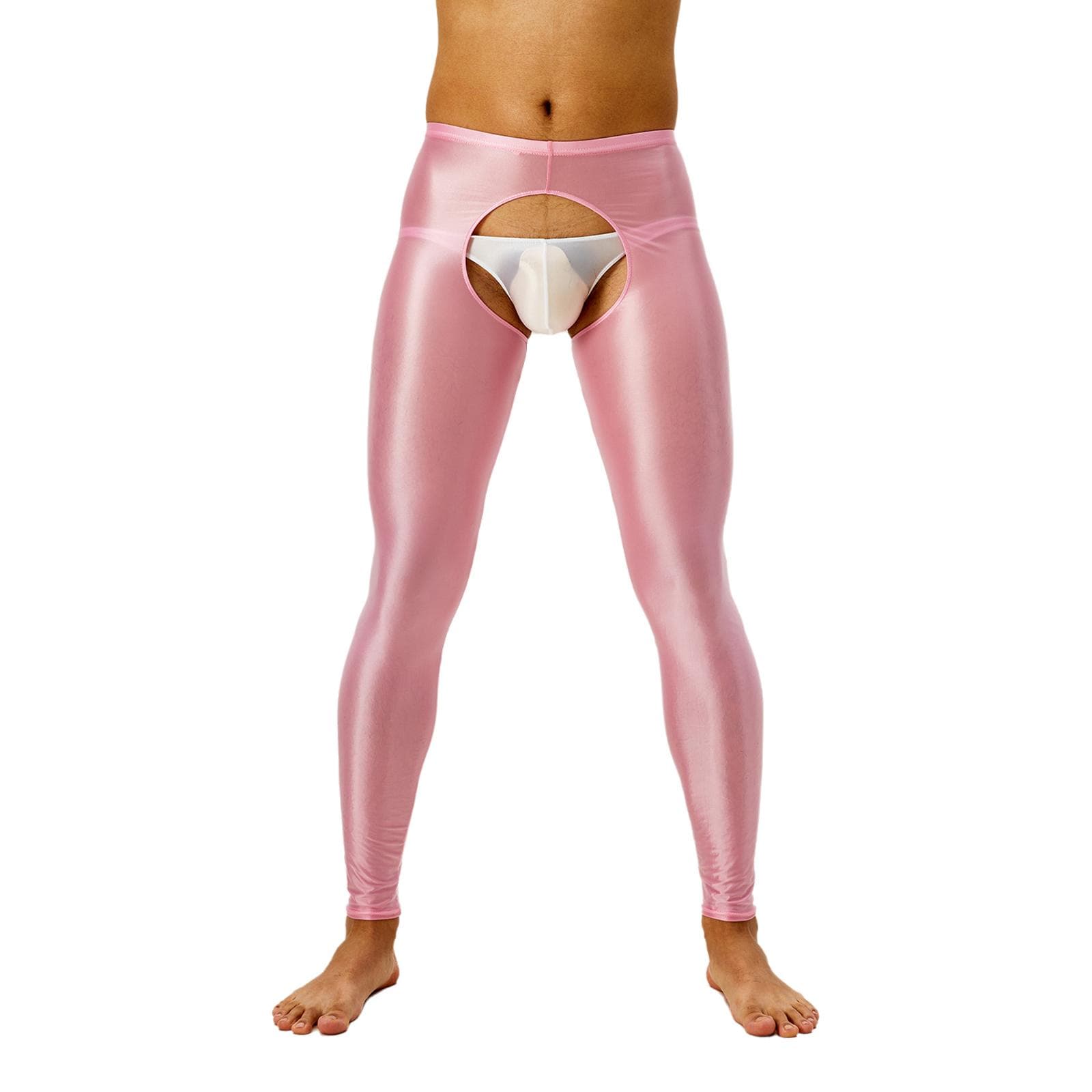 Men's Open Crotch Silky Compression Tights Pants Base Layer Breathable Training Leggings XXL pink