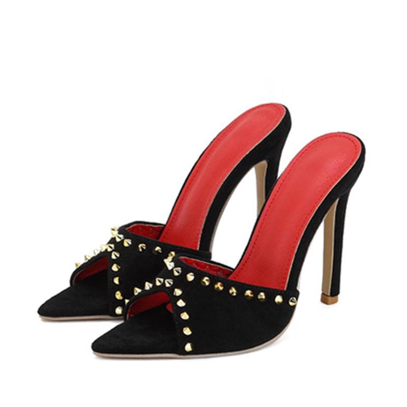Liyke Summer Fashion Metal Rivet Designer High Heels Women Slippers Sexy Pointed Toe Party Stripper Shoes Mules Sandals 42 black